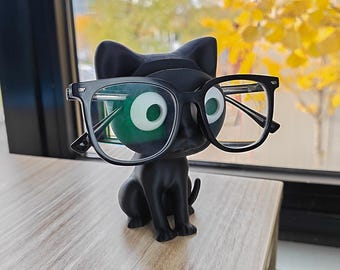 Black Kitty Eyeglass Holder, Playful Cat Design (Fits Most Glasses, Scratch-Free, Desk Accessory)