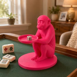 May include: A bright pink monkey figurine sitting on a circular base, holding a small round tray in its hands. A single white six-sided die with black pips rests on the tray. The monkey has a textured surface and a neutral facial expression.
