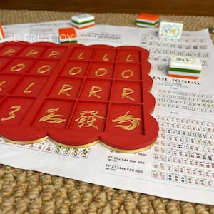 Puede incluir: Un soporte rojo para fichas de Mahjong con detalles dorados y caracteres chinos. El soporte está sobre una guía de fichas de Mahjong y rodeado de fichas coloridas. El logotipo "3D PRINT JOY" es visible en la esquina superior izquierda.