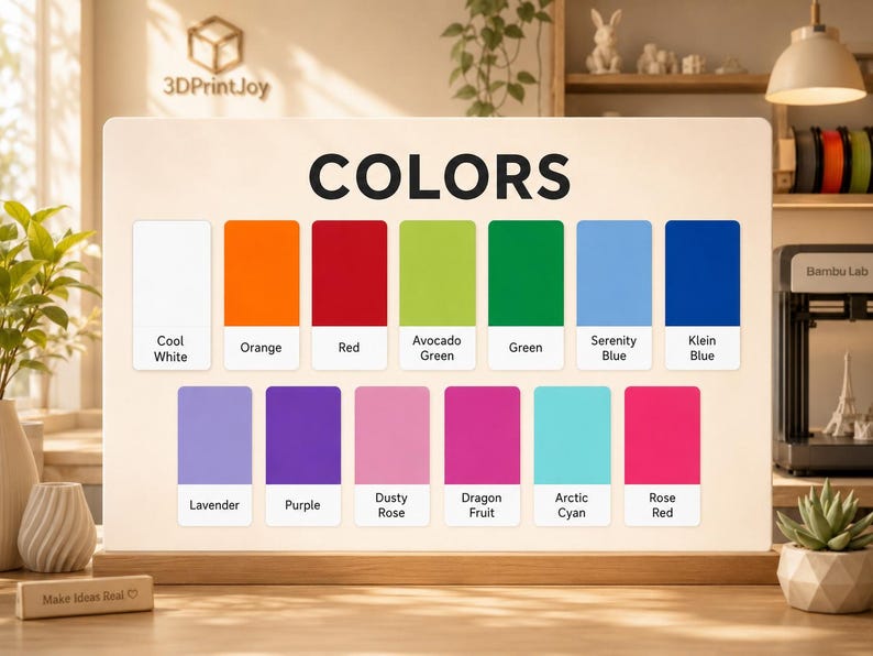 Puede incluir: Una carta de colores que muestra una gama de tonos, incluyendo Blanco Fr&iacute;o, Naranja, Rojo, Verde Aguacate, Verde, Azul Serenidad y Azul Klein. Colores adicionales son Lavanda, P&uacute;rpura, Rosa Polvo, Fruta del Drag&oacute;n, Cian &Aacute;rtico y Rosa Rojo. El texto "COLORS" es visible.