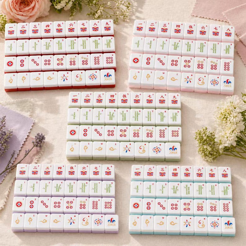 May include: A set of white mahjong tiles arranged in five rectangular grids. Each tile features colorful engraved symbols, including Chinese numerals, bamboo stalks, circular patterns, and directional markers, with the word JOKER on specific tiles.