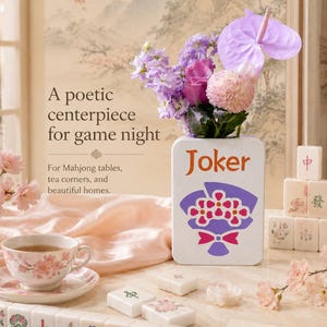 May include: A floral arrangement in a white vase with the word "Joker" and a floral design. The arrangement includes purple, pink, and green flowers. Mahjong tiles and a teacup with a floral design are also visible.