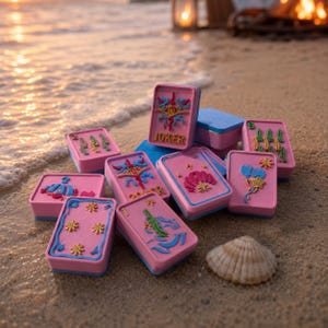 Puede incluir: Cajas de cartas rosas y azules con dise&ntilde;os en relieve y la palabra "JOKER". Las cartas est&aacute;n dispuestas en una playa de arena con una concha. Las cajas tienen una parte superior rosa y una base azul.