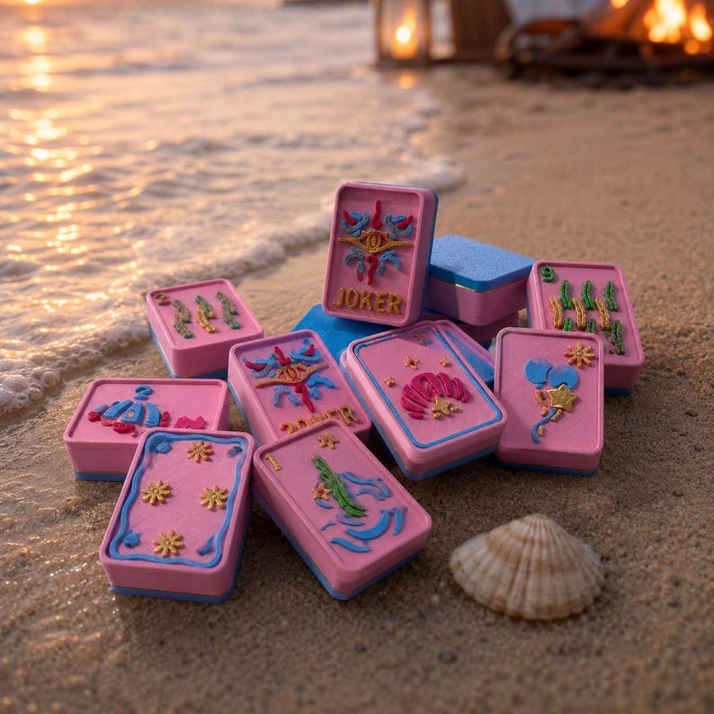 Puede incluir: Cajas de cartas rosas y azules con dise&ntilde;os en relieve y la palabra "JOKER". Las cartas est&aacute;n dispuestas en una playa de arena con una concha. Las cajas tienen una parte superior rosa y una base azul.