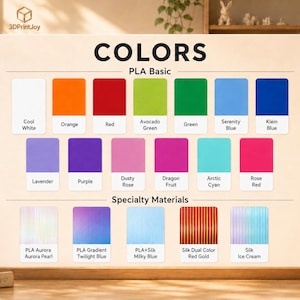 May include: A color chart titled COLORS by 3DPrintJoy displaying PLA Basic and Specialty Materials. It features rows of rectangular color swatches with labels including Cool White, Orange, Red, Avocado Green, Green, Serenity Blue, Klein Blue, Lavender, Purple, Dusty Rose, Dragon Fruit, Arctic Cyan, Rose Red, PLA Aurora Pearl, PLA Gradient Twilight Blue, PLA+Silk Milky Blue, Silk Dual Color Red Gold, and Silk Ice Cream.