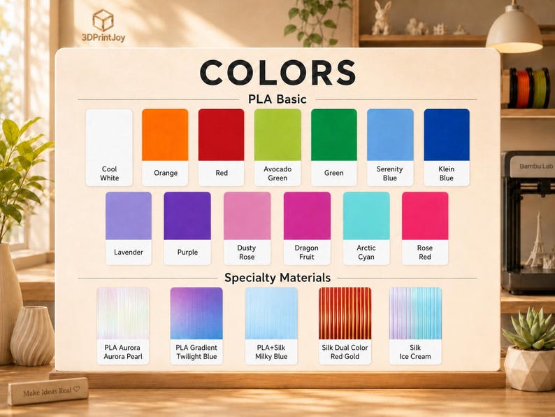 May include: A color chart titled COLORS by 3DPrintJoy displaying PLA Basic and Specialty Materials. It features rows of rectangular color swatches with labels including Cool White, Orange, Red, Avocado Green, Green, Serenity Blue, Klein Blue, Lavender, Purple, Dusty Rose, Dragon Fruit, Arctic Cyan, Rose Red, PLA Aurora Pearl, PLA Gradient Twilight Blue, PLA+Silk Milky Blue, Silk Dual Color Red Gold, and Silk Ice Cream.