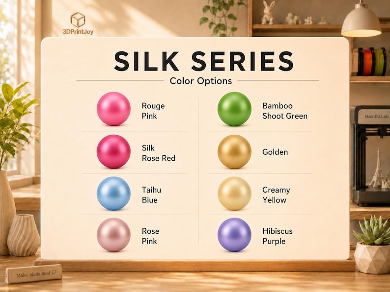 May include: A color chart titled SILK SERIES displaying eight spheres in various metallic shades: Rouge Pink, Silk Rose Red, Taihu Blue, Rose Pink, Bamboo Shoot Green, Golden, Creamy Yellow, and Hibiscus Purple, each labeled with its specific color name.