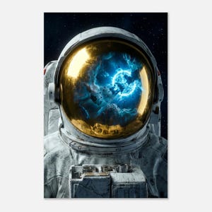 May include: A detailed image of an astronaut in a white spacesuit with a gold-tinted helmet. The helmet's visor reflects a vibrant blue and white nebula against a dark starry background. The astronaut's suit has intricate details.