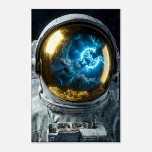 May include: A detailed image of an astronaut in a spacesuit. The gold-tinted helmet reflects a vibrant blue and white nebula. The spacesuit is white with gray and silver details, set against a dark starry background.