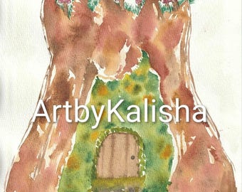 Woodland Tree House Watercolor Print