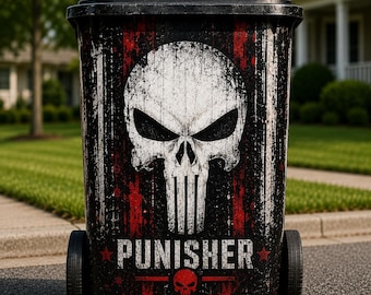 PUNISHER SKULL 3D Trash Bin Wrap – Rugged Black, Red & White Design