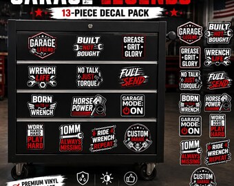 Garage Tool Box Decals, 13 Piece Mechanic Sticker Pack, Tool Chest Vinyl Stickers, Garage Decor, Automotive Decals