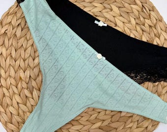 Viscose Lace Trim Thong Set for Women, Soft Everyday Thong Underwear, Heart Print Lace Lingerie Set, Minimalist Panties with Bow