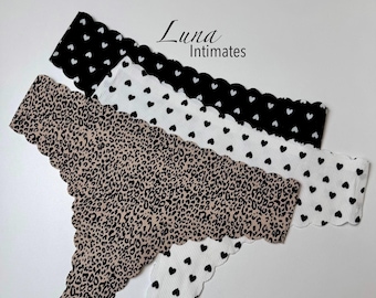 Seamless Cotton Thong Set | Soft Ribbed Underwear | Scalloped Edge Panties | Heart & Leopard Print Lingerie. Valentines Gift