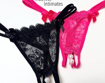 Crotchless Lace Thong with Pearl Detail – Sexy Open Lingerie for Women, Erotic Pearl Panties, Seductive Intimate Gift for Her