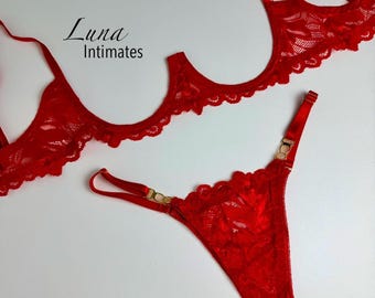 Red Lace Lingerie Set • Open Cup Bra and Split Crotch Thong • Sexy 2PCS Lace Set for Women • Adjustable Straps • Valentine's Day Lingerie