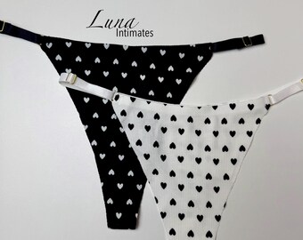 Cotton Heart Thong Set, 2 Pack Adjustable Thongs, Black and White Heart Print Underwear, Low Rise Soft Cotton Panties. Valentines Day Gift