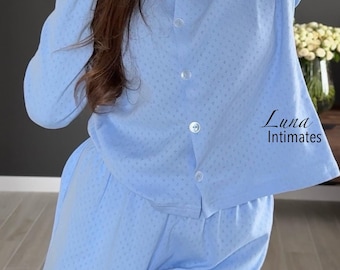 Women’s Button-Up Cotton Pajama Set – Soft Long Sleeve Top and Comfy Shorts | Lightweight Lounge Sleepwear | Cozy Everyday PJs Gift for Her