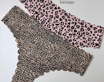 Seamless Cotton Thong Set, Leopard & Pink Animal Print Underwear, Scalloped Edge No Show Panties, Valentines Day Gift, Soft Ribbed Thongs