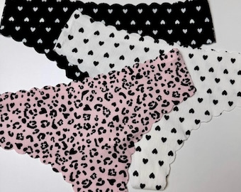 Seamless Cotton Thong Panties 3Pack - Scalloped Edge Underwear, Leopard & Heart Print Thongs, Soft Stretch Everyday Panties, Valentines Gift