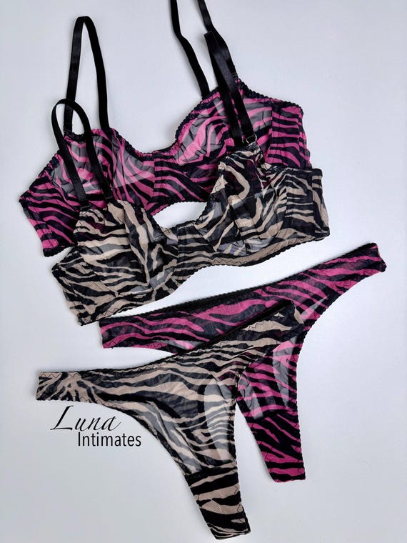 Sheer Zebra Print Lingerie Set for Women  Mesh Underwire Bra and Matching  Thong, Sexy Animal Print Two-piece Set in Pink or Neutral. Gift - Etsy