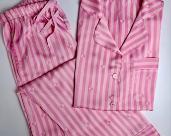 Pink Heart Pajama Set - Satin Striped Short Sleeve Top and Pants | Cute Women's Sleepwear | Soft Matching PJs Gift. Pink Silk Pjs Valentine