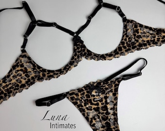 Leopard Half Cup Bra & Crotchless Strappy Thong – Open Cup Lace Lingerie Set for Women, Exotic Two-Piece Intimates