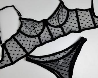 Sheer Polka Dot Lingerie Set – Transparent Mesh Bra and Thong | Sexy See Through Underwear for Women | Romantic Lingerie Gift for Her