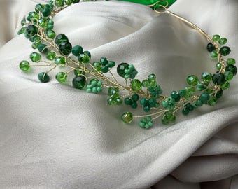 Emerald Green Crystal Crown, Woodland Fairy Headpiece, Handmade Bridal Hair Vine, Forest Wedding Tiara, Elf Crown, Renaissance Headband