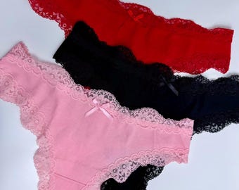 Cotton Lace Thong Set - 3-Piece Women's Underwear Pack | Soft Stretch Panties with Floral Lace Trim | Comfortable Everyday Lingerie Gift for