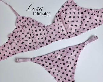 Heart Mesh Lingerie Set - Sheer Underwire Bra and Thong | Transparent Romantic Intimates for Women |Cute Valentines Lingerie Gift