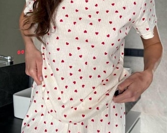 Cotton Pajama Set for Women - Soft Short Sleeve Top and Shorts, Cute Loungewear, 100% Cotton Pjs Set With Red Hearts and Vintage Roses Print