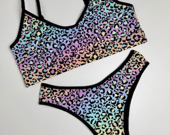 Cotton Bralette and Thong Set for Women - Soft Leopard Print Lingerie Set, Cute Matching Underwear Set, Comfortable Everyday Bra & Panty Set