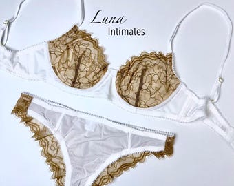 Sheer Lace Bridal Lingerie Set – Underwire Bra Panty Set, Floral Lace See Through Bra & Thong, Sexy Matching Lingerie, Everyday Comfort Set