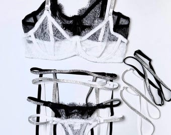 Rhinestone Strap Lingerie Set – Sparkly Sheer Bra & Garter Thong, Sexy Bridal Lingerie, Boudoir Underwear Set, Romantic Gift for Her
