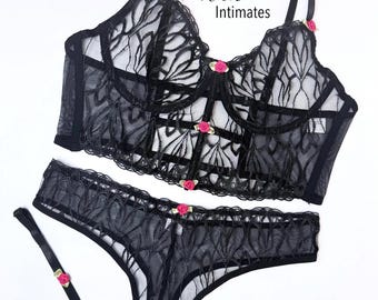 Floral Mesh Lingerie Set – Sexy Sheer Bra & Thong with Rose Details | Delicate Embroidered Lingerie | Romantic Gift for Her