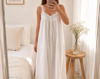 100% Cotton White Nightgown for Women | Victorian Style Night Dress | Cottagecore Sleep Dress | Breathable Cotton Sleepwear, Cotton Nightie