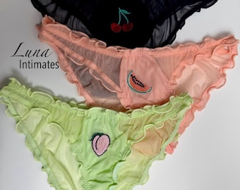 Fruit Embroidery Panties Set - 3-Piece Sheer Ruffle Underwear for Women | Cute Mesh Lingerie | Cherry Peach Watermelon Panty Pack | Gift for