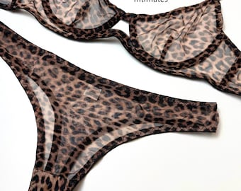 Conjunto de lencería con estampado de leopardo transparente: sujetador con aros de malla y tanga a juego / Conjunto sexy con estampado animal / Sujetador y braguita transparentes / Regalo para ella