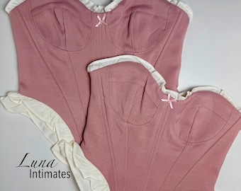Pink Ruffle Corset Bodysuit – Elegant Strapless Lingerie | Romantic Bustier with Frill Trim | Feminine Corset Top | Gift for Her