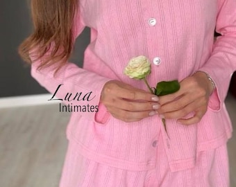 Women’s Pink Cotton Pajama Set Soft Button-Up Long Sleeve Top and Comfy Shorts | Lightweight Cozy Sleepwear Everyday Loungewear Gift for Her