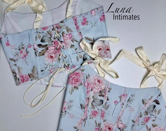 Floral Corset Top – Romantic Lace-Up Bustier with Ribbon Straps | Vintage-Inspired Floral Lingerie Top | Feminine Corset Gift for Her