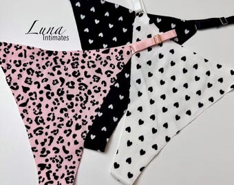 Cotton Thong Set, 3 Pack Heart Print & Leopard Thongs, Adjustable Low Rise Panties, Soft Stretch Cotton Underwear Gift for Valentines Day