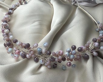 Pastel Crystal Bridal Crown, Fairy Wedding Headpiece, Handmade Hair Vine, Romantic Garden Wedding Tiara, Blush Blue Bridal Crown