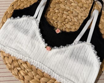 Cotton Bralette for Women | Soft Lace Bralette / Cotton Wireless Bra | Pointelle Crop Top | Cottagecore Lingerie | Everyday Cotton Bralette