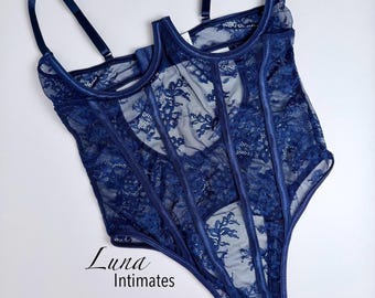 Navy Lace Buttless Bodysuit – Sheer Floral Teddy with Strappy Open Front and Back, Sexy Cut-Out Lingerie for Women