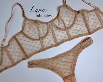 Sheer Polka Dot Lingerie Set – Transparent Mesh Bra and Thong | Sexy See Through Underwear for Women | Romantic Lingerie Gift for Her