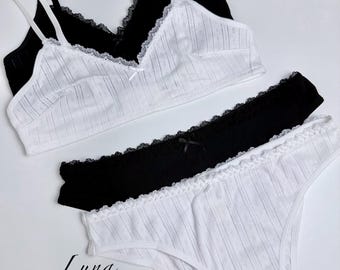 Conjunto de lencería de algodón suave sin aros: bralette de encaje 100 % algodón con braguita a juego, ropa interior transpirable y cómoda para uso diario.
