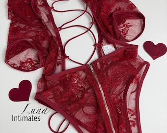 Lace Bodysuit Lingerie Set •SpicyHot Cutout Teddy • Patchwork Lace Zipper Crotch• Sexy One Piece • Cupless Bodysuit. Valentines Day Lingerie