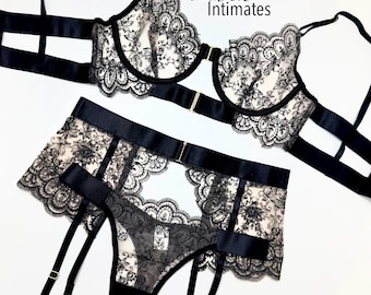 Luxury Embroidered Lingerie Set Sheer Lace Bra, Thong & Garter Belt | Elegant See Through Lingerie for Women | Romantic Gift for Her